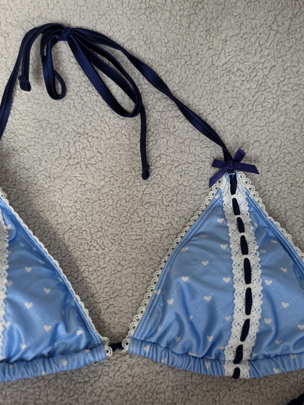 NWT Forever 21 Blue Heart Print Triangle Bikini with Navy Ties Top XL / Btm M - Picture 3 of 6